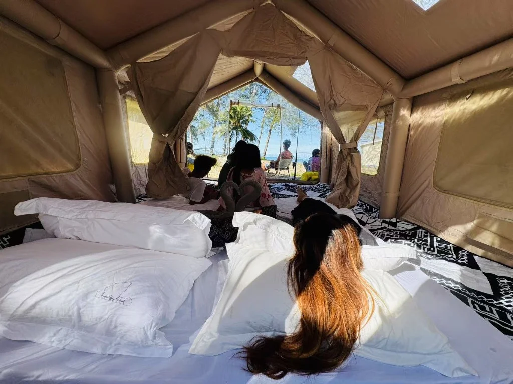 Eagle Bay Retreat tent interior view to beach